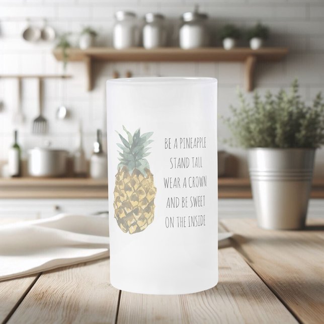 Modern Watercolor Pineapple & Positive Funny Quote Frosted Glass Beer Mug (Creator Uploaded)