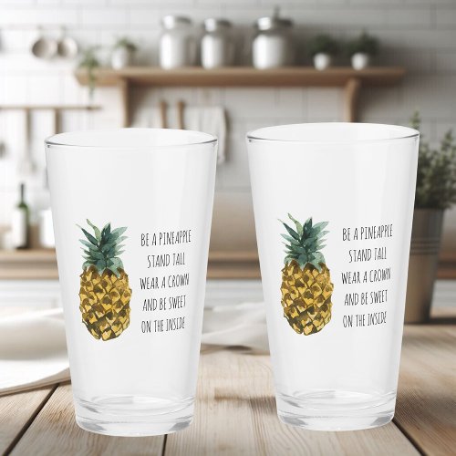 Modern Watercolor Pineapple  Positive Funny Quote Glass