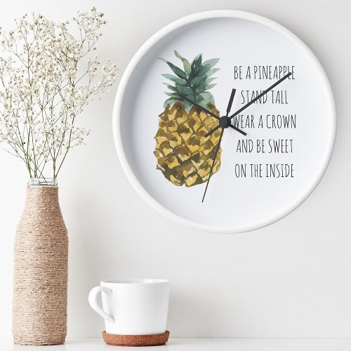Modern Watercolor Pineapple  Positive Funny Quote Round Clock
