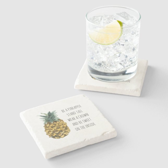 Modern Watercolor Pineapple & Positive Funny Quote Stone Coaster (Side)