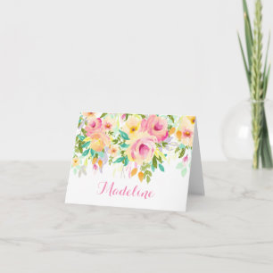 Modern Watercolor, Pink and Green Thank You Note Note Card