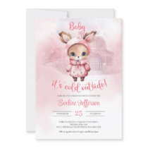 Modern watercolor pink baby reindeer invitation