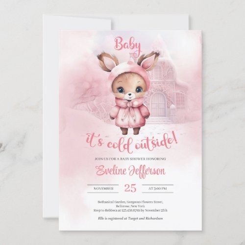 Modern watercolor pink baby reindeer invitation