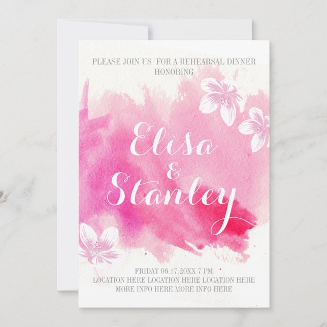 Modern watercolor pink blossoms rehearsal dinner invitation (Front)