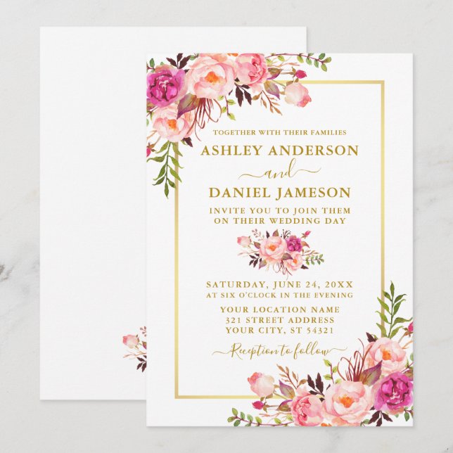 Modern Watercolor Pink Blush Floral Gold Wedding Invitation (Front/Back)