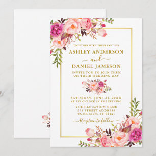 Modern Watercolor Pink Blush Floral Gold Wedding Invitation