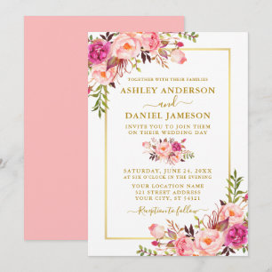 Modern Watercolor Pink Blush Floral Wedding Gold Invitation