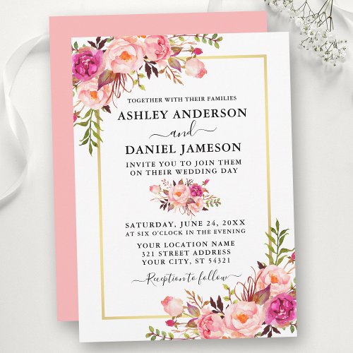 Modern Watercolor Pink Blush Roses Floral Wedding Invitation