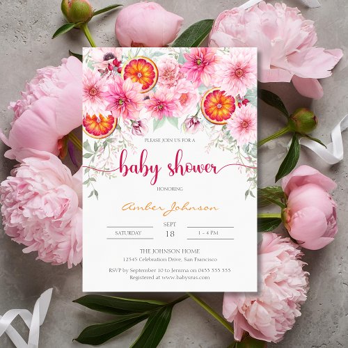 Modern Watercolor Pink  Citrus Baby Shower Invitation