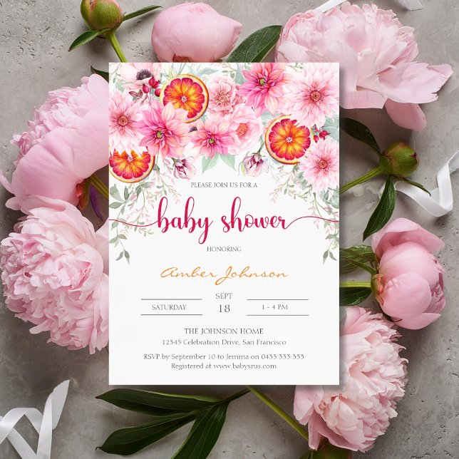Modern Watercolor Pink & Citrus Baby Shower Invitation (Girl baby shower invitation, pink watercolor flowers and citrus, baby shower)