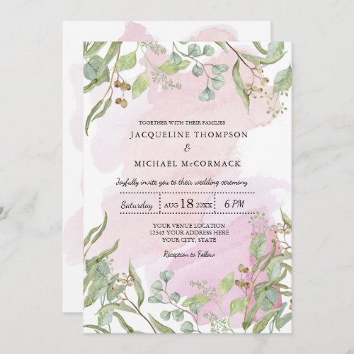 Modern Watercolor Pink Eucalyptus Greenery Wedding Invitation
