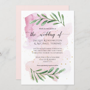 Modern Watercolor Pink Eucalyptus Greenery Wedding Invitation