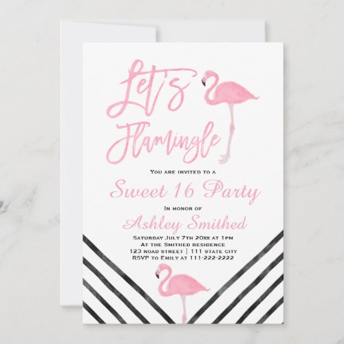 Modern watercolor pink flamingo sweet 16 invitation