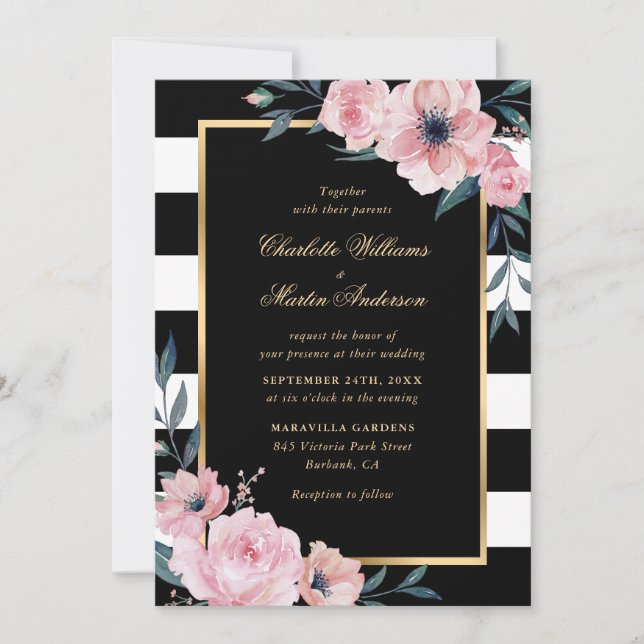 Modern Watercolor Pink Floral Gold Black Wedding Invitation (Front)