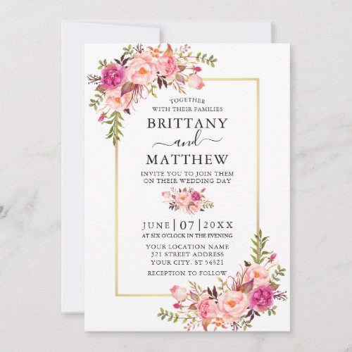 Modern Watercolor Pink Floral Gold Frame Wedding Invitation
