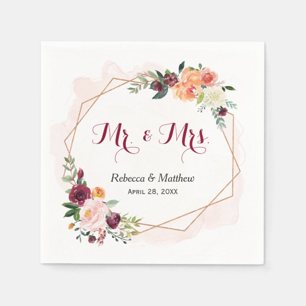 Modern Watercolor Pink Floral  Mr And Mrs Wedding Paper Napkin