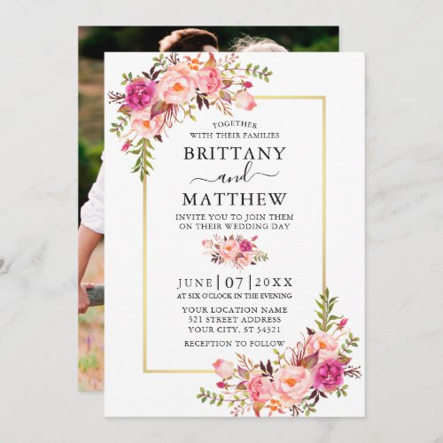 Modern Watercolor Pink Floral Photo Gold Wedding Invitation