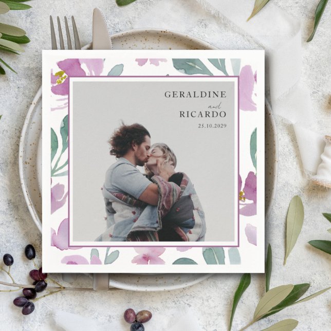 Modern Watercolor Pink Floral & Photo Wedding Napkins (Creator Uploaded)