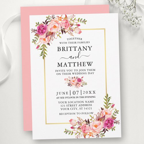 Modern Watercolor Pink Floral Wedding Gold Frame Invitation