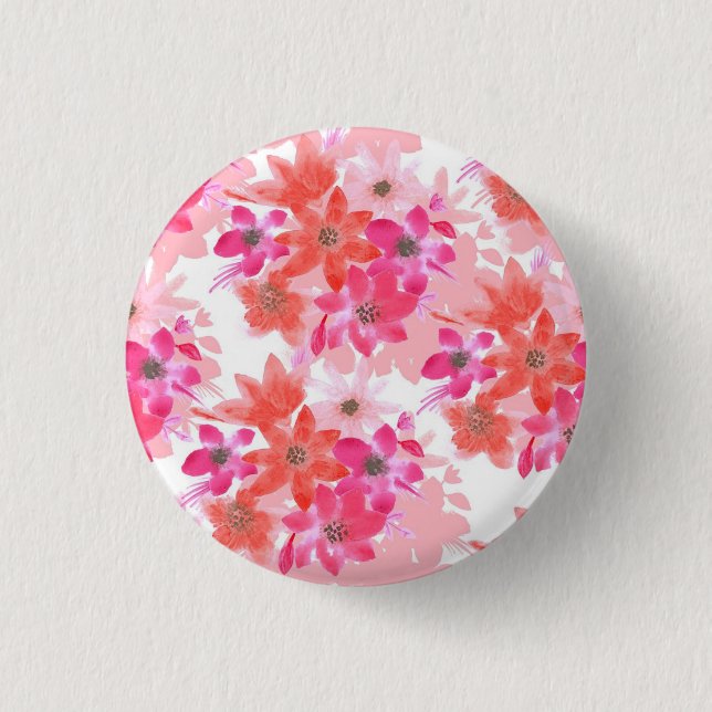 Modern Watercolor Pink Flowers Button (Front)