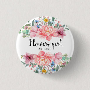 Modern Watercolor Pink Flowers Button