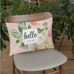 Modern Watercolor Pink Flowers &amp; Hello &amp; Name Accent Pillow