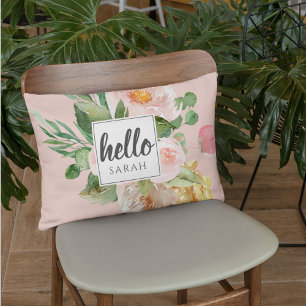 Modern Watercolor Pink Flowers & Hello & Name Accent Pillow