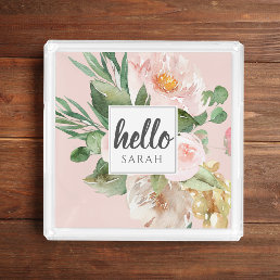 Modern Watercolor Pink Flowers &amp; Hello &amp; Name Acrylic Tray