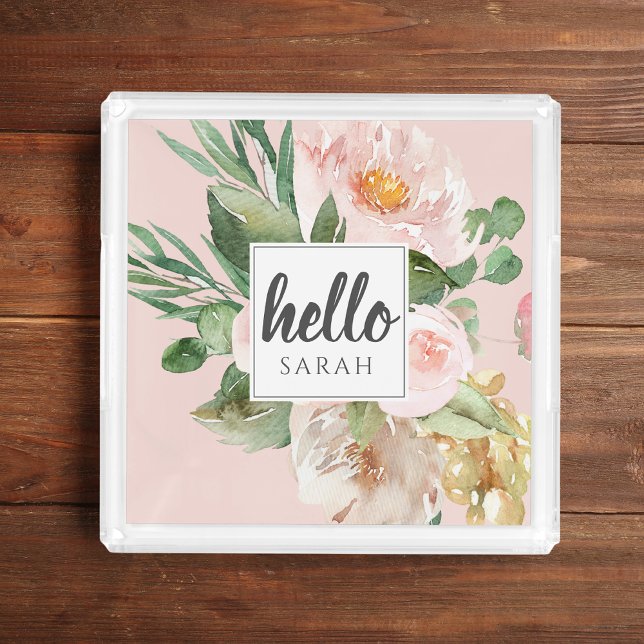 Modern Watercolor Pink Flowers & Hello & Name Acrylic Tray (Creator Uploaded)