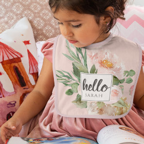 Modern Watercolor Pink Flowers & Hello & Name Baby Bib