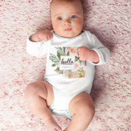 Modern Watercolor Pink Flowers &amp; Hello &amp; Name Baby Bodysuit