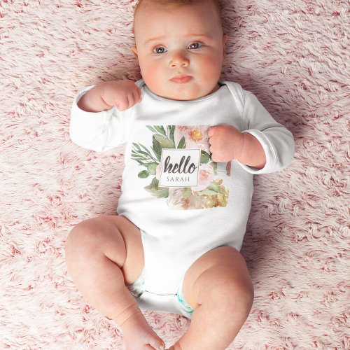 Modern Watercolor Pink Flowers  Hello  Name Baby Bodysuit