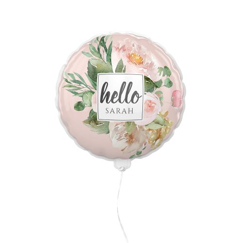 Modern Watercolor Pink Flowers  Hello  Name Balloon