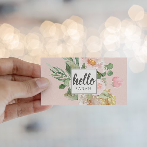 Modern Watercolor Pink Flowers  Hello  Name Business Card