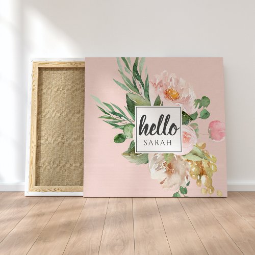 Modern Watercolor Pink Flowers  Hello  Name Canvas Print