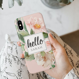 Modern Watercolor Pink Flowers &amp; Hello &amp; Name iPhone XS Case