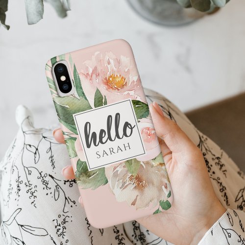 Modern Watercolor Pink Flowers  Hello  Name iPhone XS Case