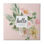 Modern Watercolor Pink Flowers & Hello & Name Ceramic Tile<br><div class="desc">Modern Watercolor Pink Flowers & Hello & Name</div>