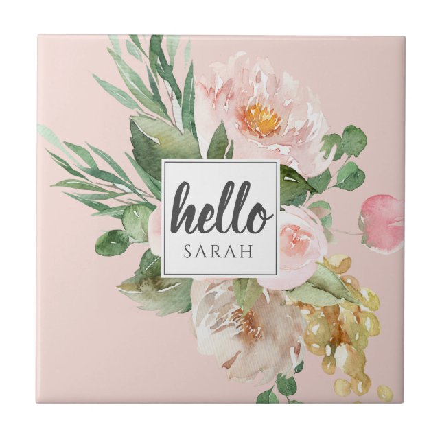 Modern Watercolor Pink Flowers & Hello & Name Ceramic Tile (Front)