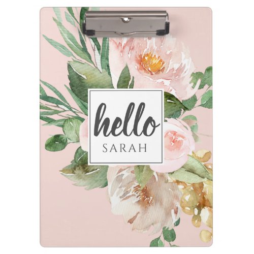 Modern Watercolor Pink Flowers  Hello  Name Clipboard