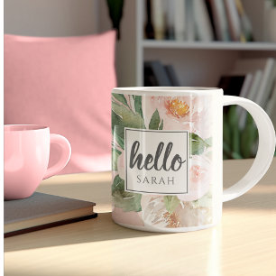 Modern Watercolor Pink Flowers & Hello & Name Coffee Mug