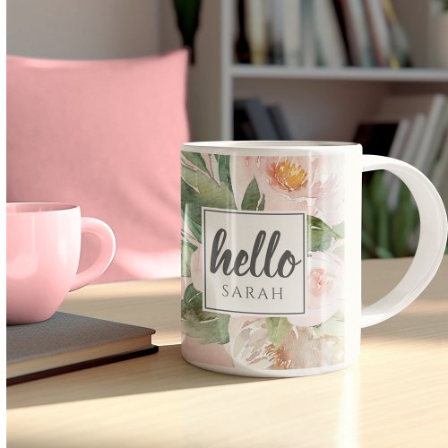Modern Watercolor Pink Flowers  Hello  Name Coffee Mug