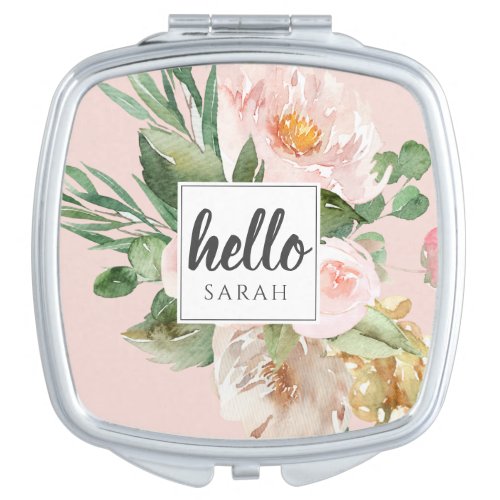 Modern Watercolor Pink Flowers  Hello  Name Compact Mirror