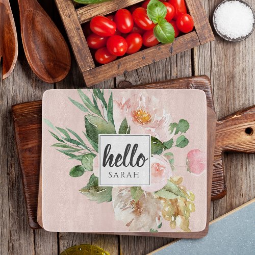 Modern Watercolor Pink Flowers  Hello  Name Cutting Board