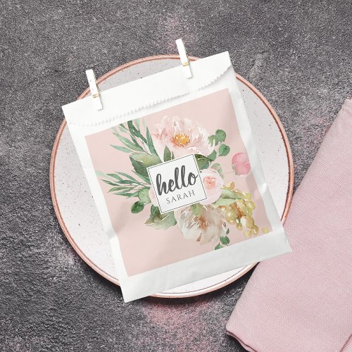 Modern Watercolor Pink Flowers  Hello  Name Favor Bag