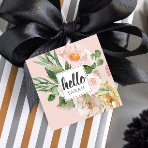 Modern Watercolor Pink Flowers & Hello & Name Favor Tags