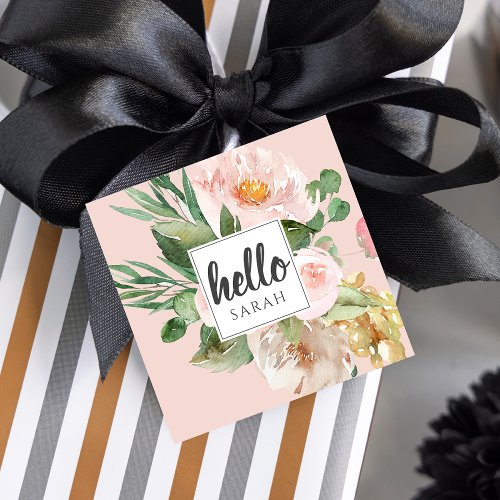 Modern Watercolor Pink Flowers  Hello  Name Favor Tags