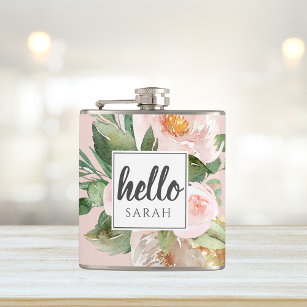 Modern Watercolor Pink Flowers & Hello & Name Flask