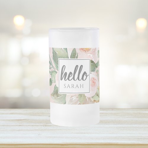 Modern Watercolor Pink Flowers  Hello  Name Frosted Glass Beer Mug