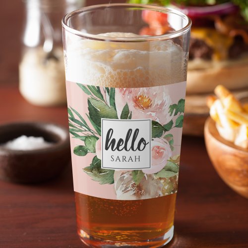 Modern Watercolor Pink Flowers  Hello  Name Glass